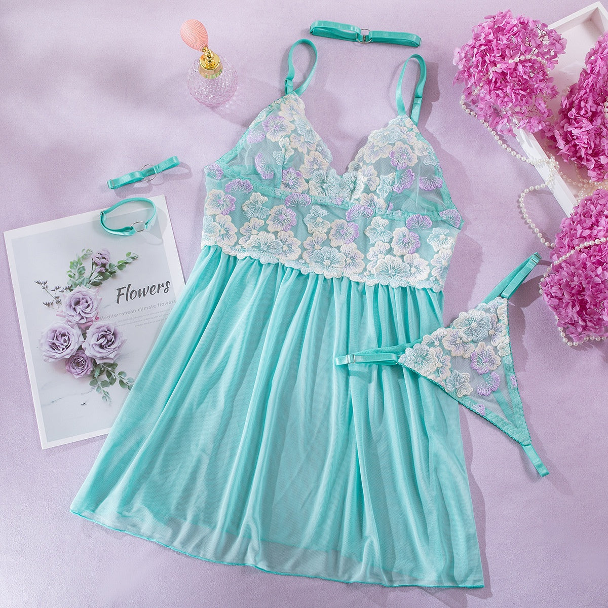 Embroidered Lace Lingerie Dress – Four-Piece Cute Girl Role Play Set