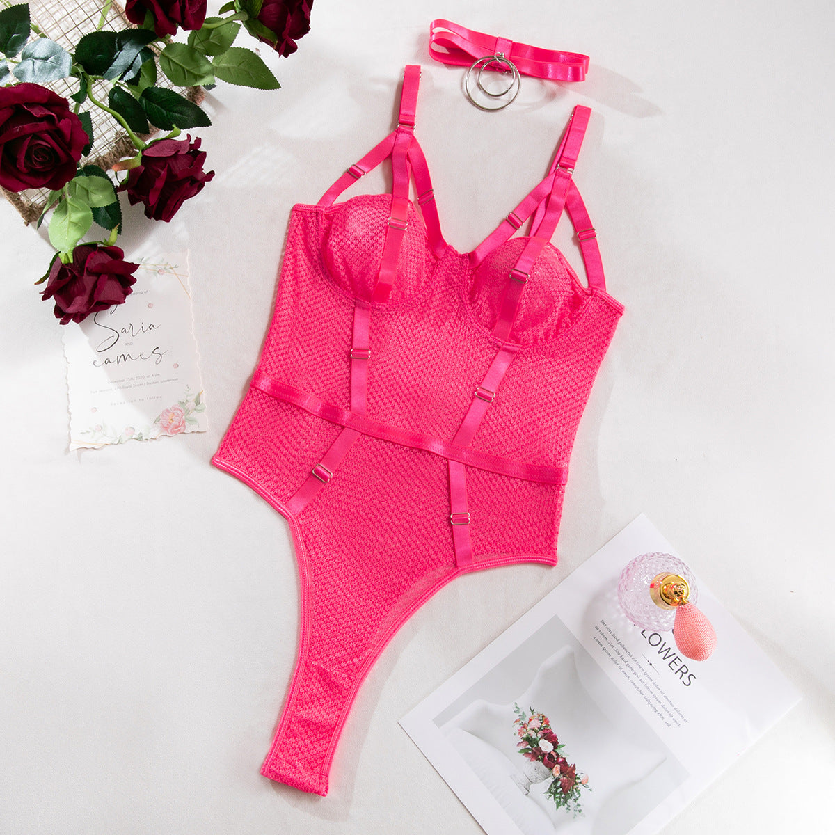 Sexy Lace Bodysuit with Choker - Slim Fit and Steel Ring Support