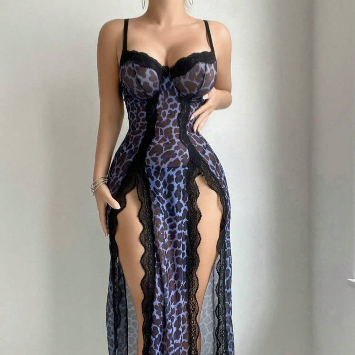 Transparent Leopard Print Nightgown – Strapless Lingerie Set