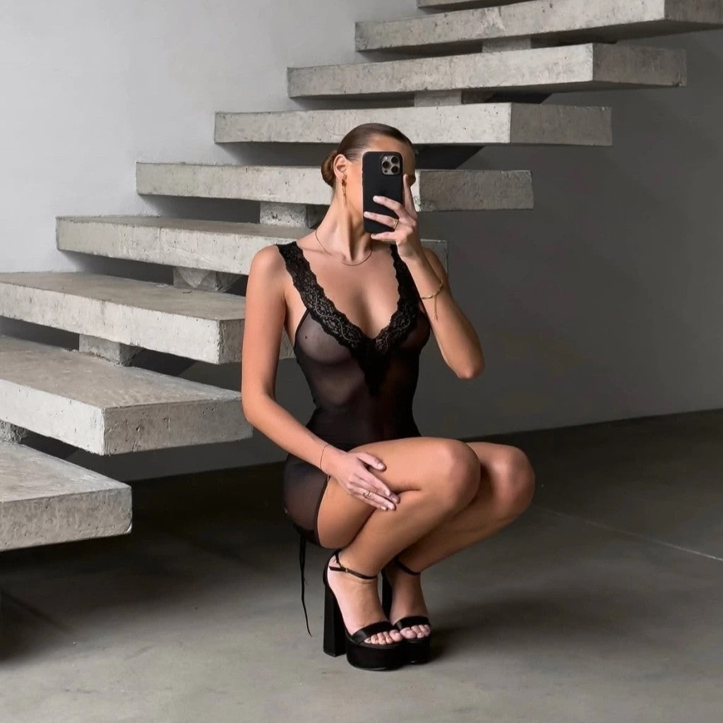 Lace Trim Nightdress & Panty Set – Transparent Mesh Two-Piece Lingerie