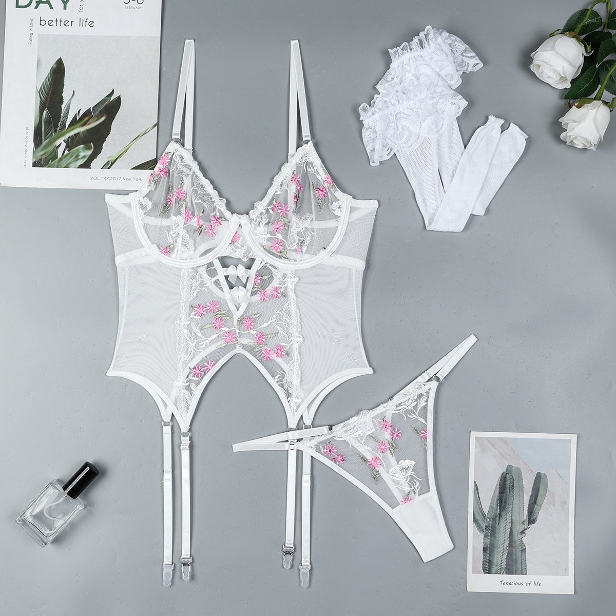 Embroidered Flower Lingerie Set – 3-Piece Bra, Panty & Suspender Socks