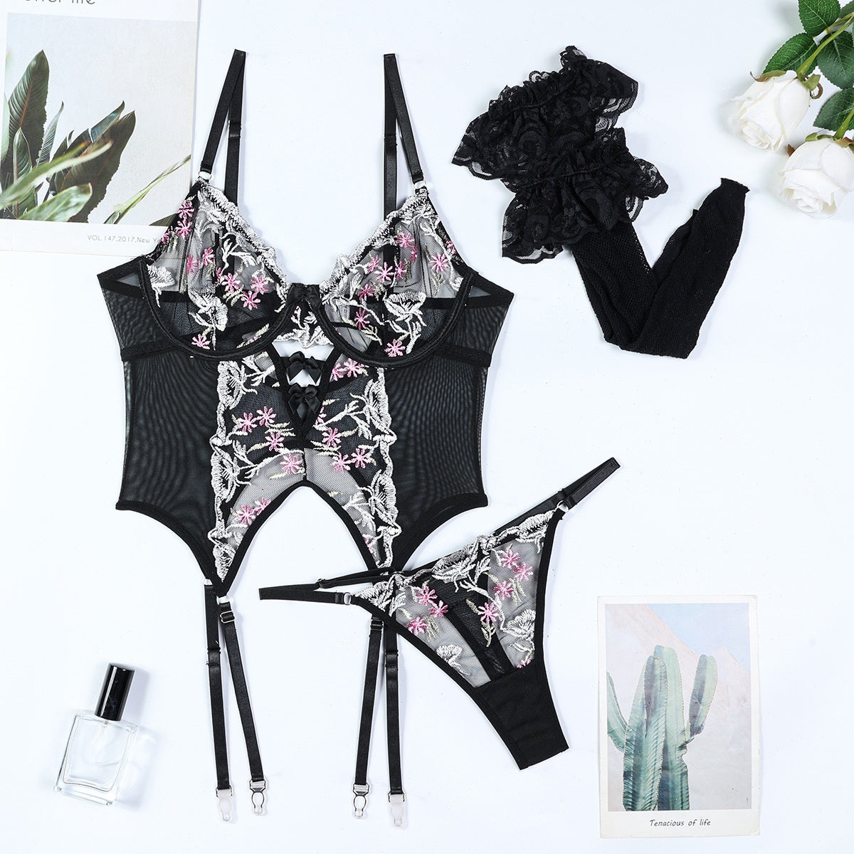Embroidered Flower Lingerie Set – 3-Piece Bra, Panty & Suspender Socks