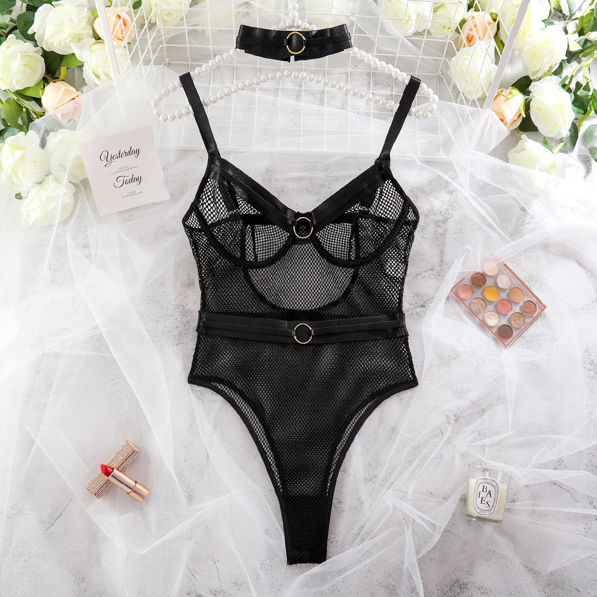 Sheer Mesh Metallic Halter Bodysuit