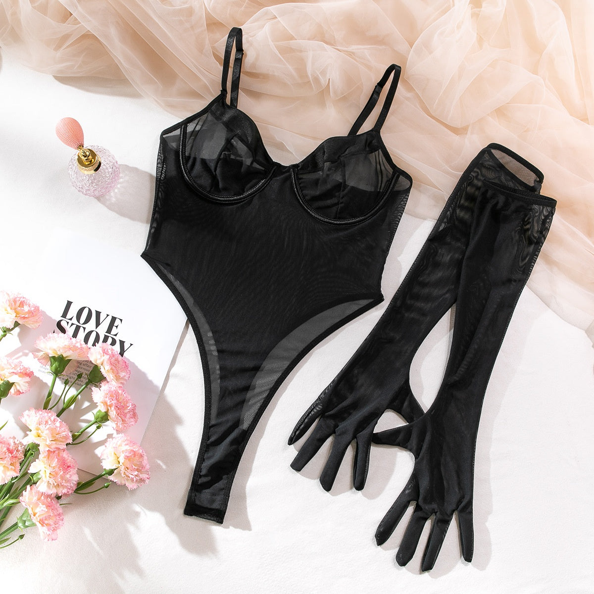 Transparent Net Bodysuit with Gloves – Sexy Fitted Hip-Lift Lingerie
