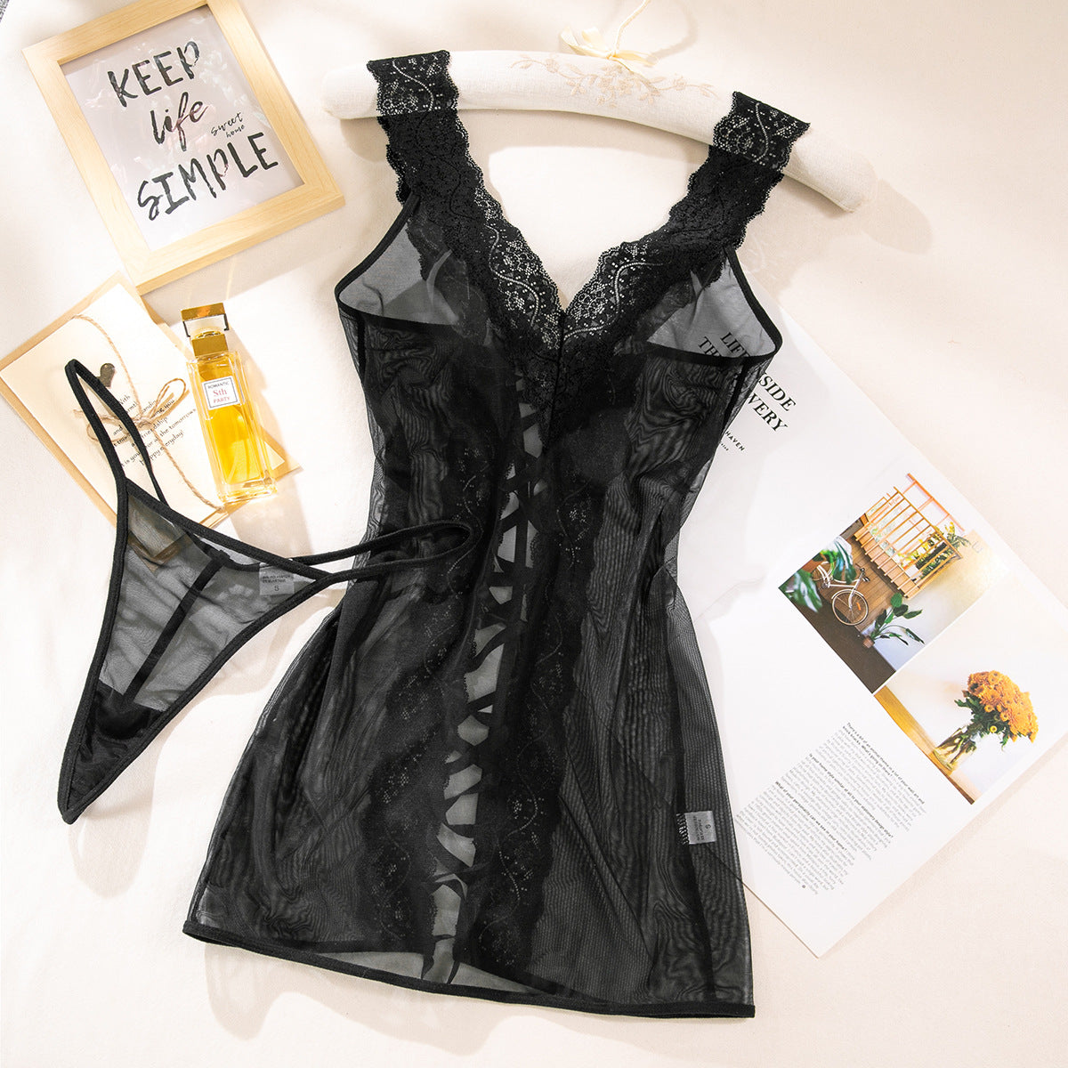 Lace Trim Nightdress & Panty Set – Transparent Mesh Two-Piece Lingerie