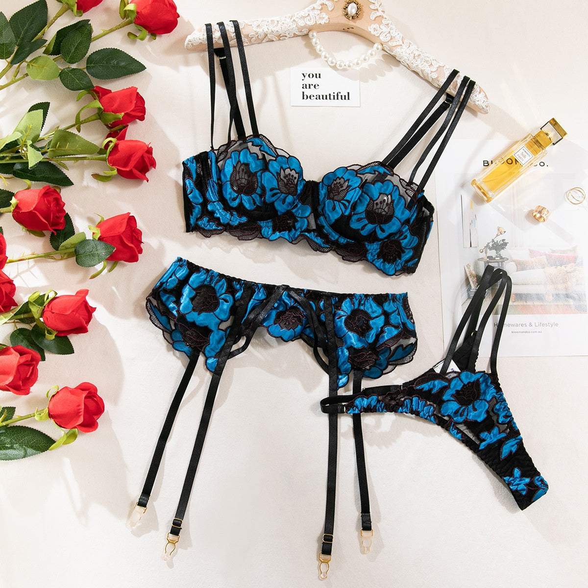 Mesh Lingerie Set with Garter Belt – 3-Piece Bra, Panty & Garter