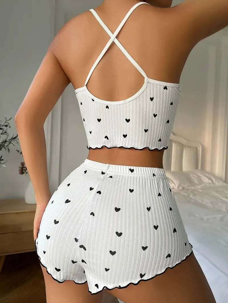 Heart Print Silk Pyjama Set – Cami Top & Shorts Sleepwear