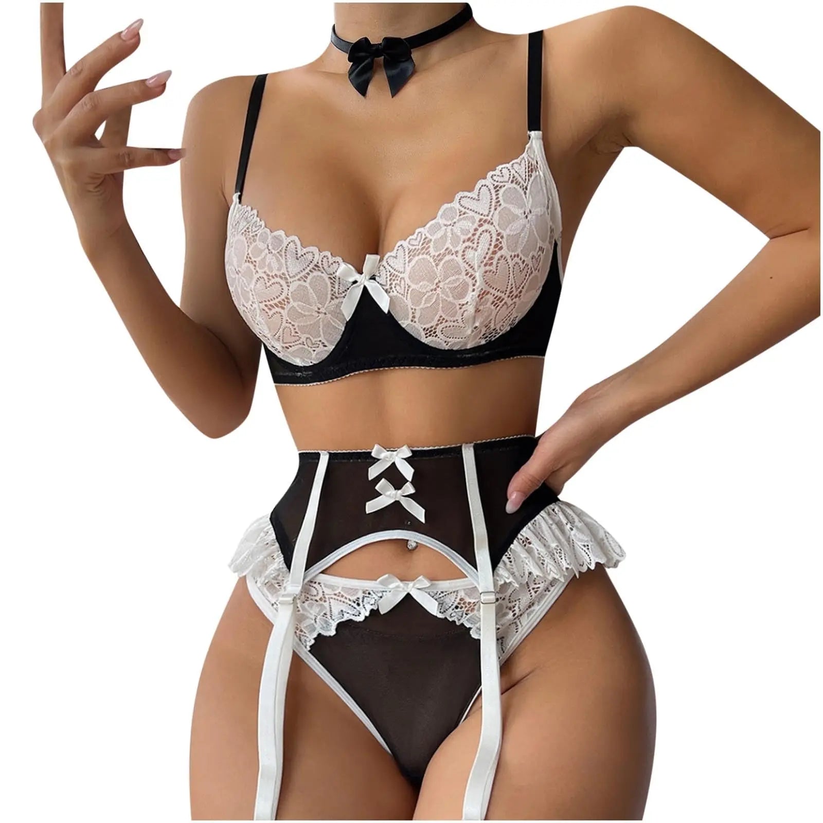 Floral Lace 3-Piece Lingerie Set – See-Through Bra, Panty & Garter Belt