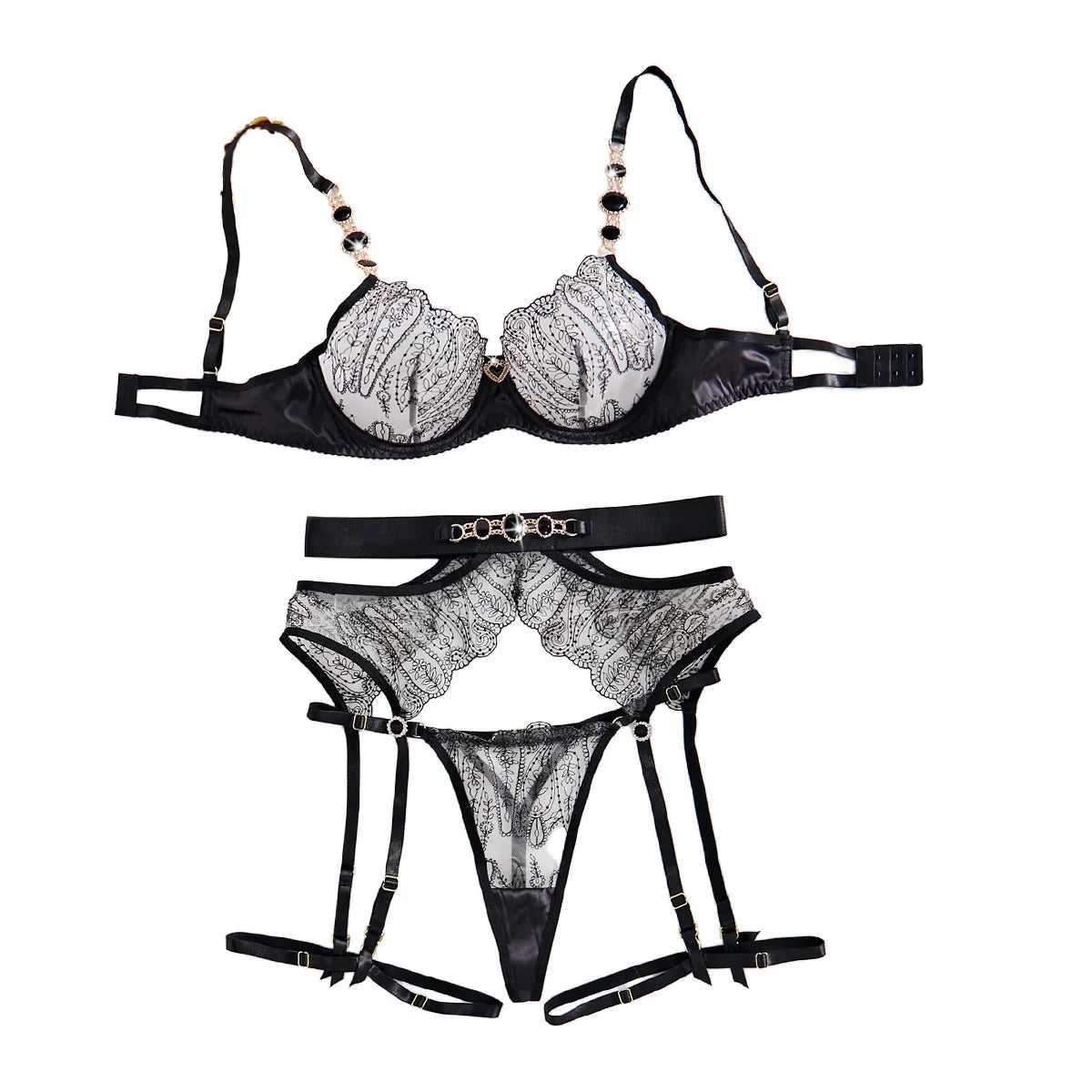 Gemstone Metal Chain Lingerie – 4-Piece Micro Set