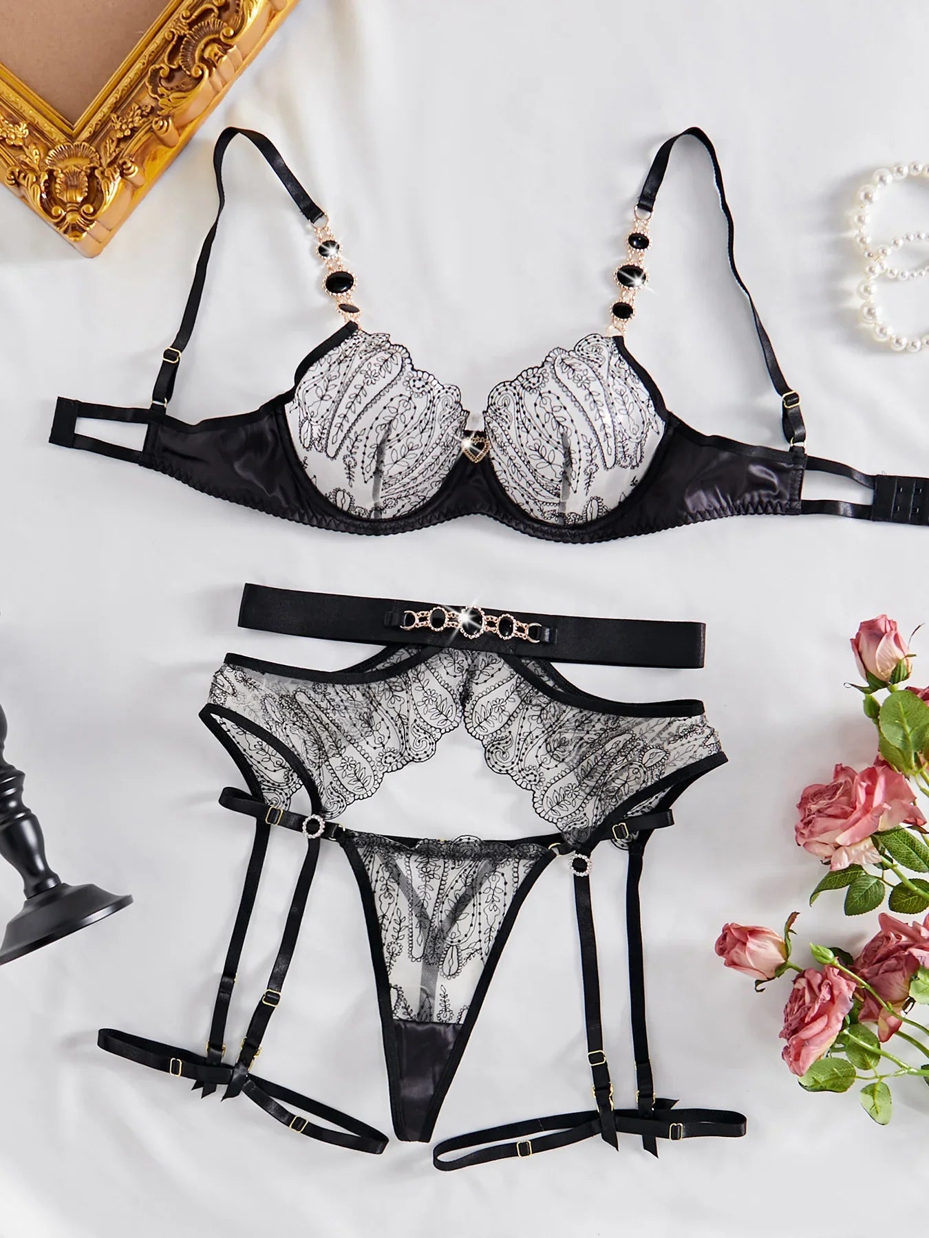 Gemstone Metal Chain Lingerie – 4-Piece Micro Set