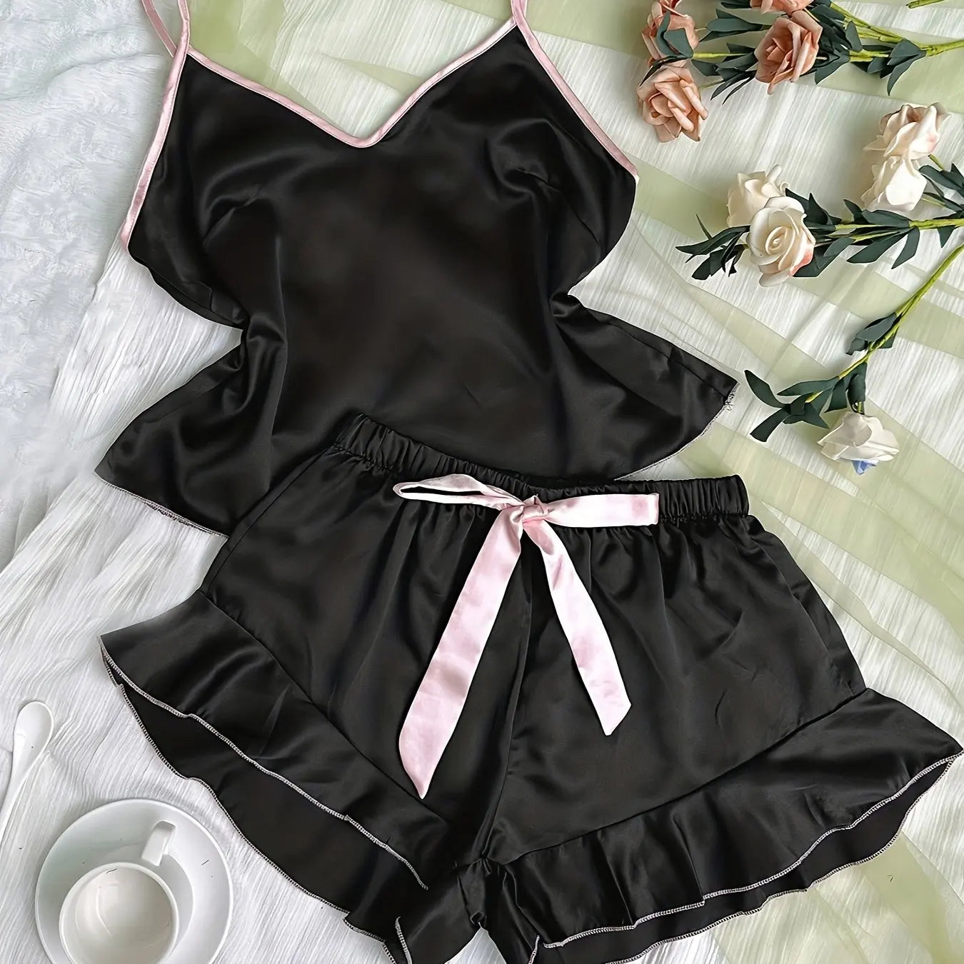 Women’s Satin Pyjama Set – 2-Piece Vest & Shorts Sleepwear