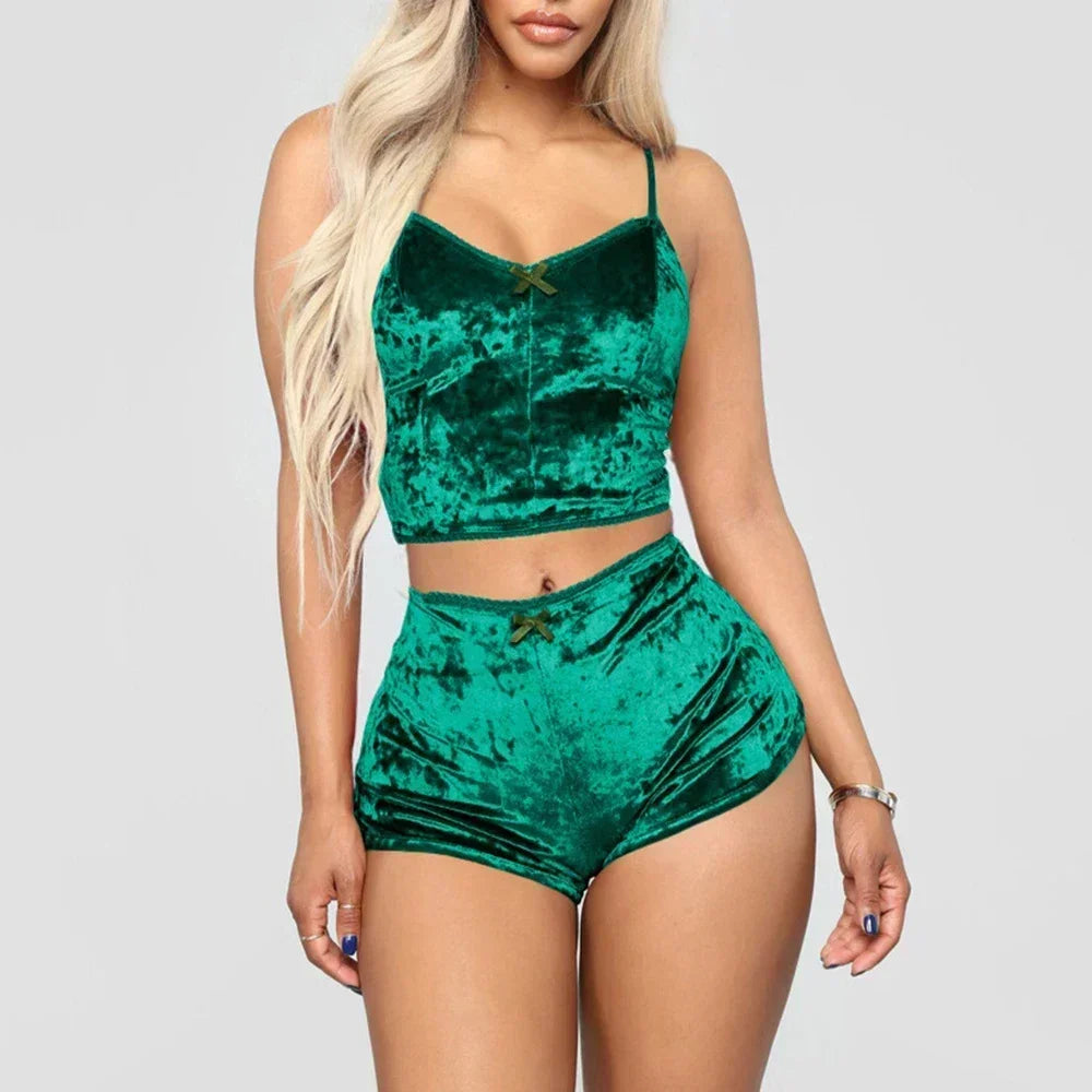 Women’s Velvet Pyjama Set – V-Neck Camisole & Shorts Sleepwear