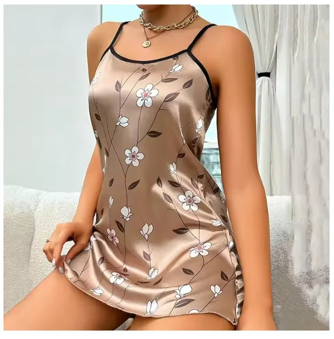 Floral Satin Nightgown – Sleeveless Backless Summer Slip Dress