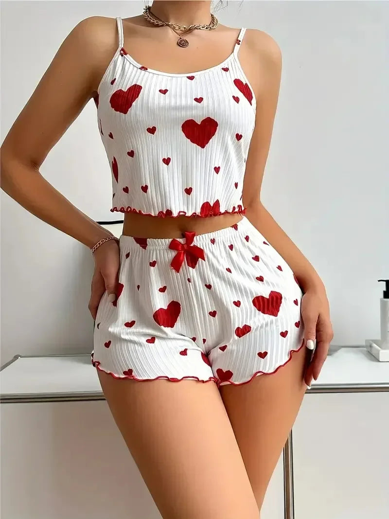 Heart Print Summer Pyjama Set – Relaxed Fit Cami Top & Shorts