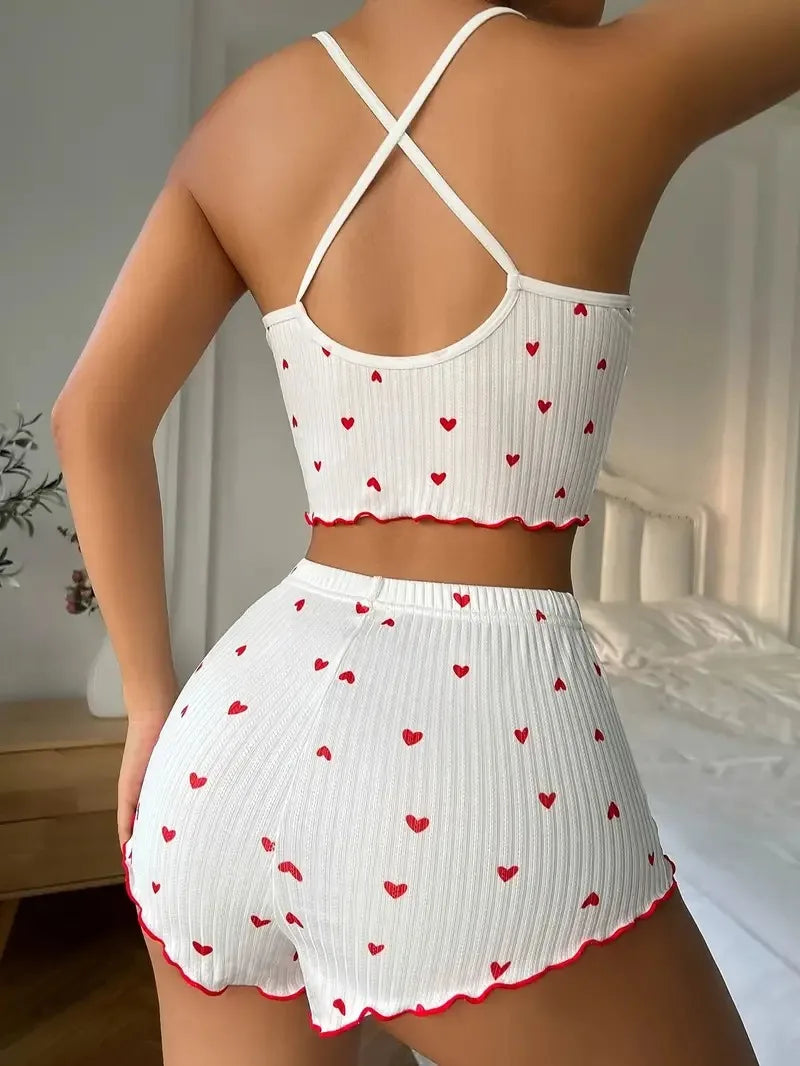 Heart Print Silk Pyjama Set – Cami Top & Shorts Sleepwear