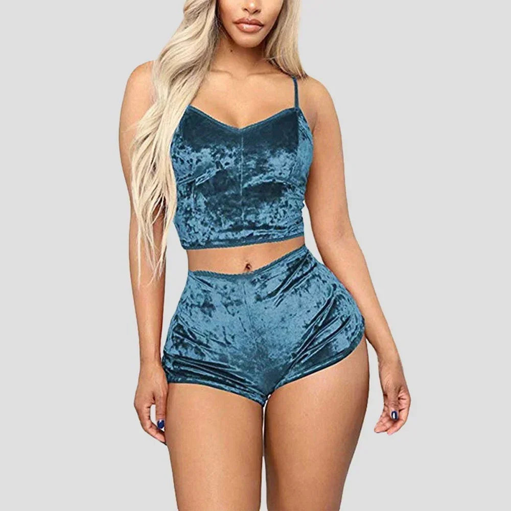 Women’s Velvet Pyjama Set – V-Neck Camisole & Shorts Sleepwear