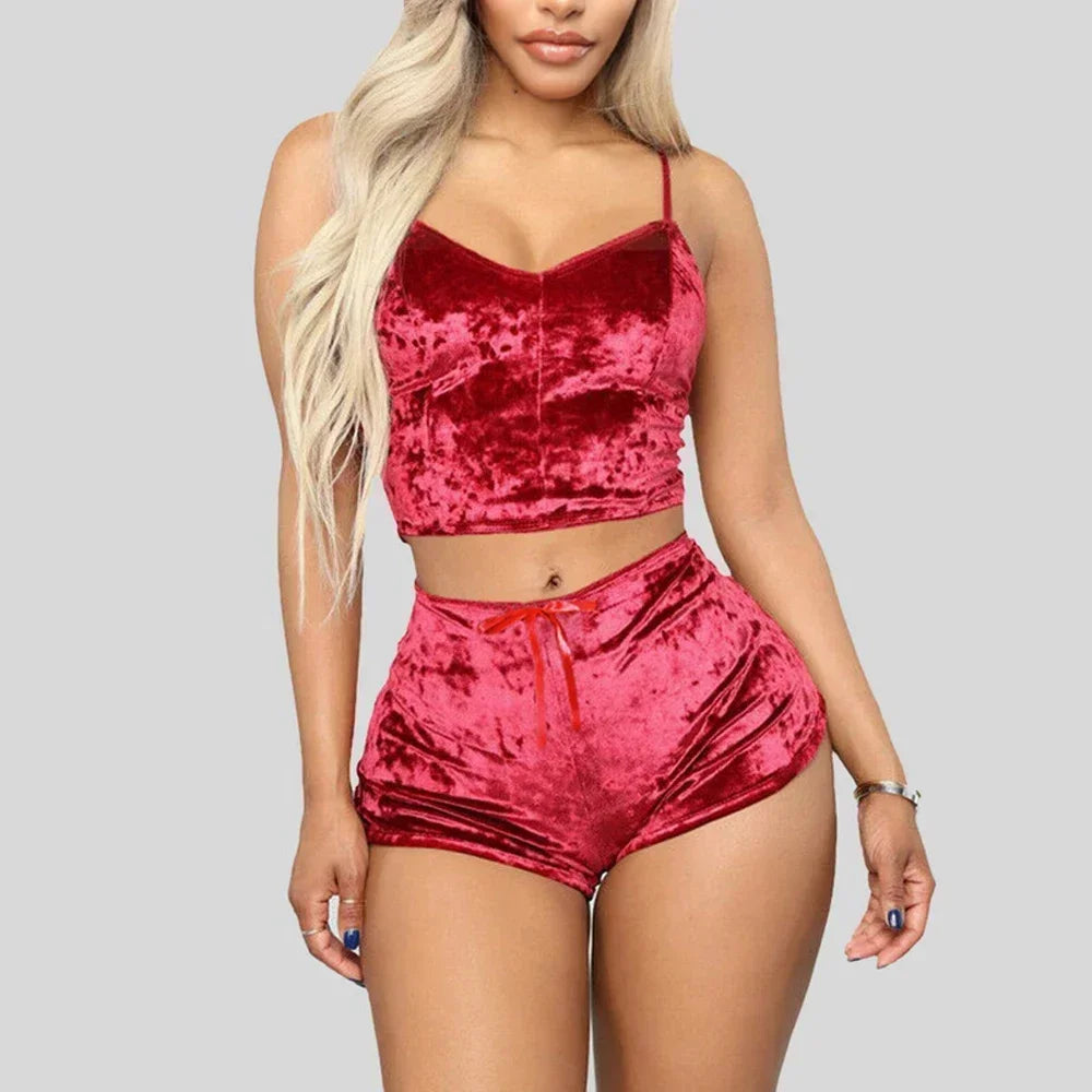 Women’s Velvet Pyjama Set – V-Neck Camisole & Shorts Sleepwear
