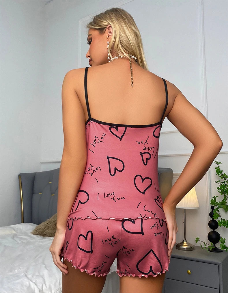 Sexy Printed Pyjama Set – Sling Vest Top & Shorts 2-Piece Sleepwear