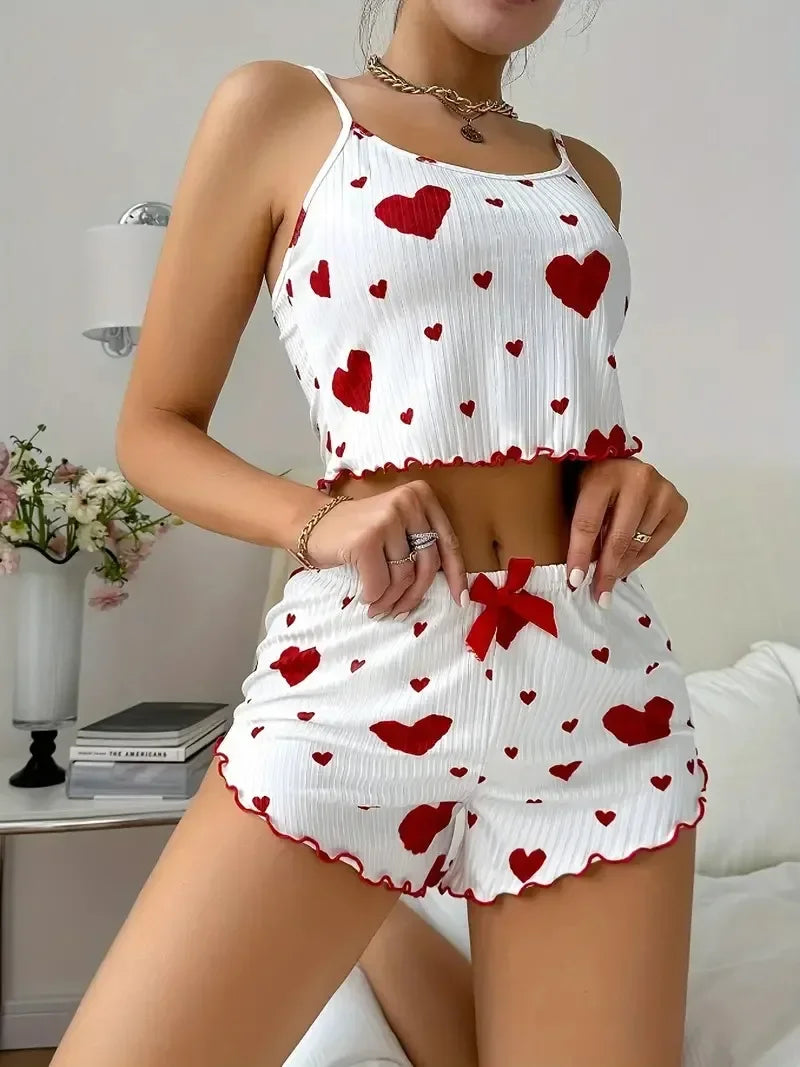 Heart Print Summer Pyjama Set – Relaxed Fit Cami Top & Shorts