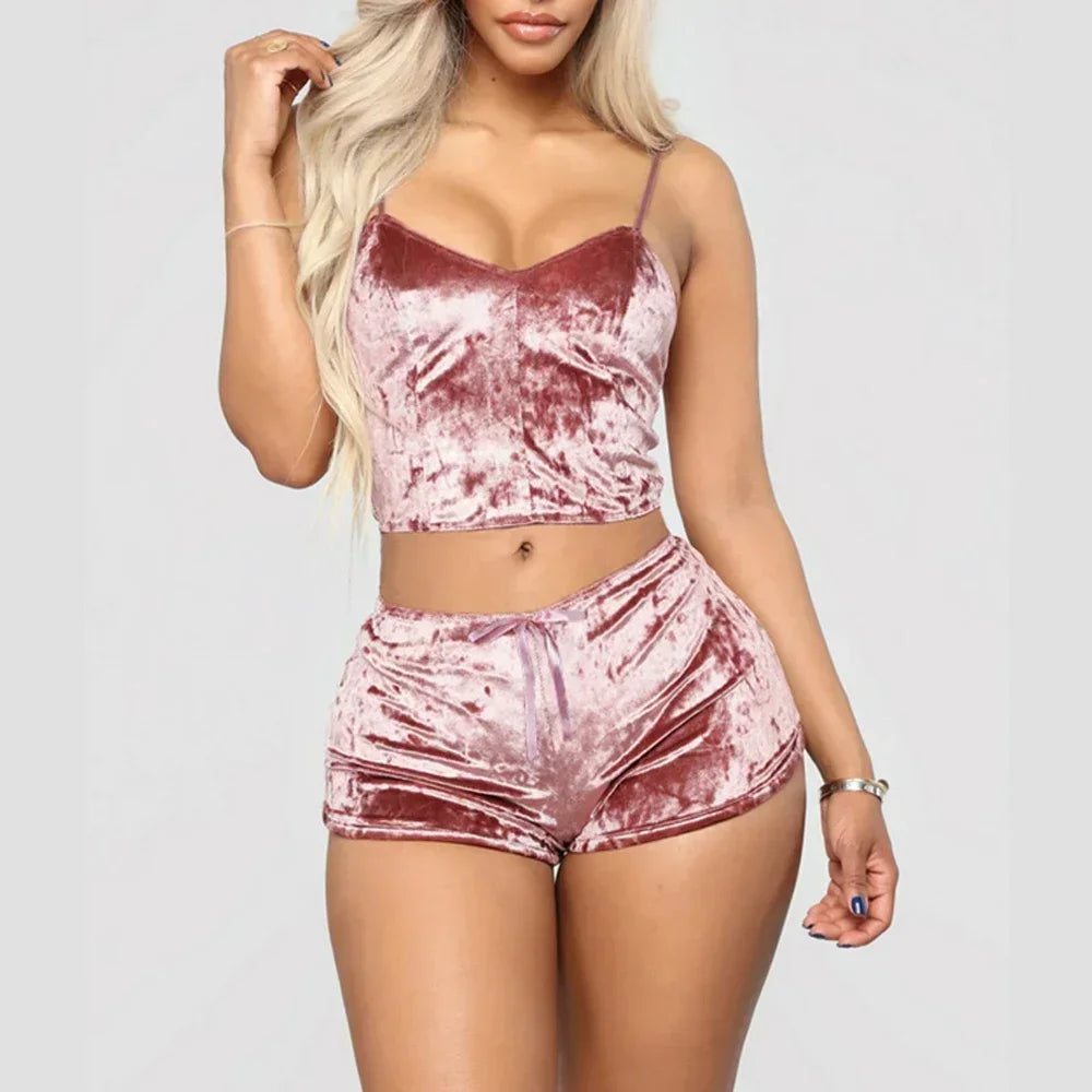 Women’s Velvet Pyjama Set – V-Neck Camisole & Shorts Sleepwear