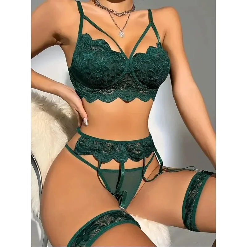 Fancy Lace 3-Piece Lingerie Set – Bra, Thong & Garter Bel