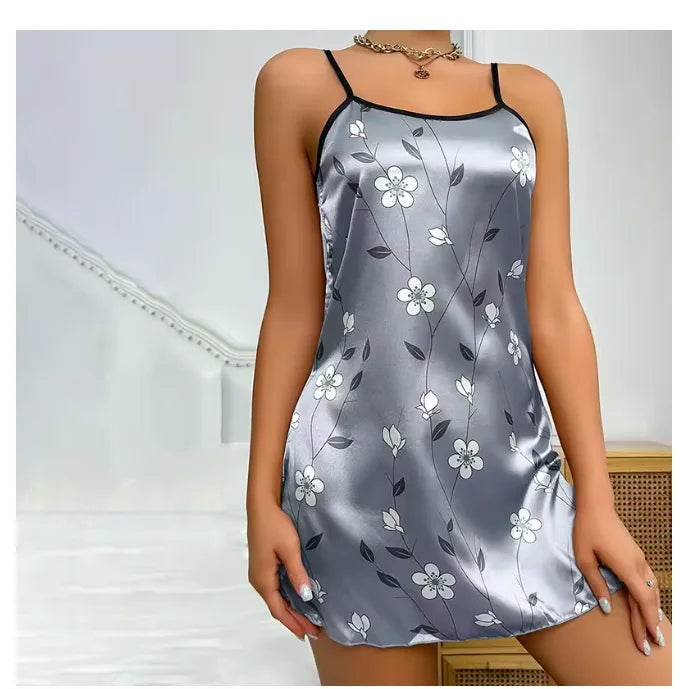 Floral Satin Nightgown – Sleeveless Backless Summer Slip Dress