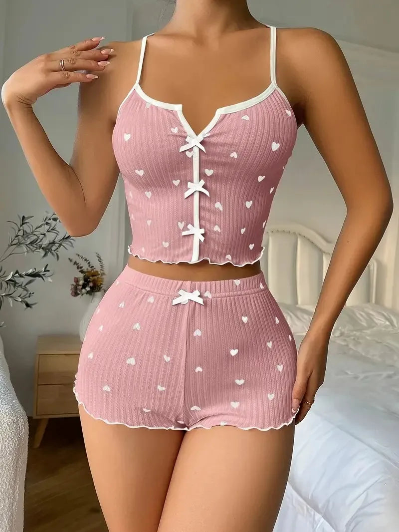 Heart Print Silk Pyjama Set – Cami Top & Shorts Sleepwear