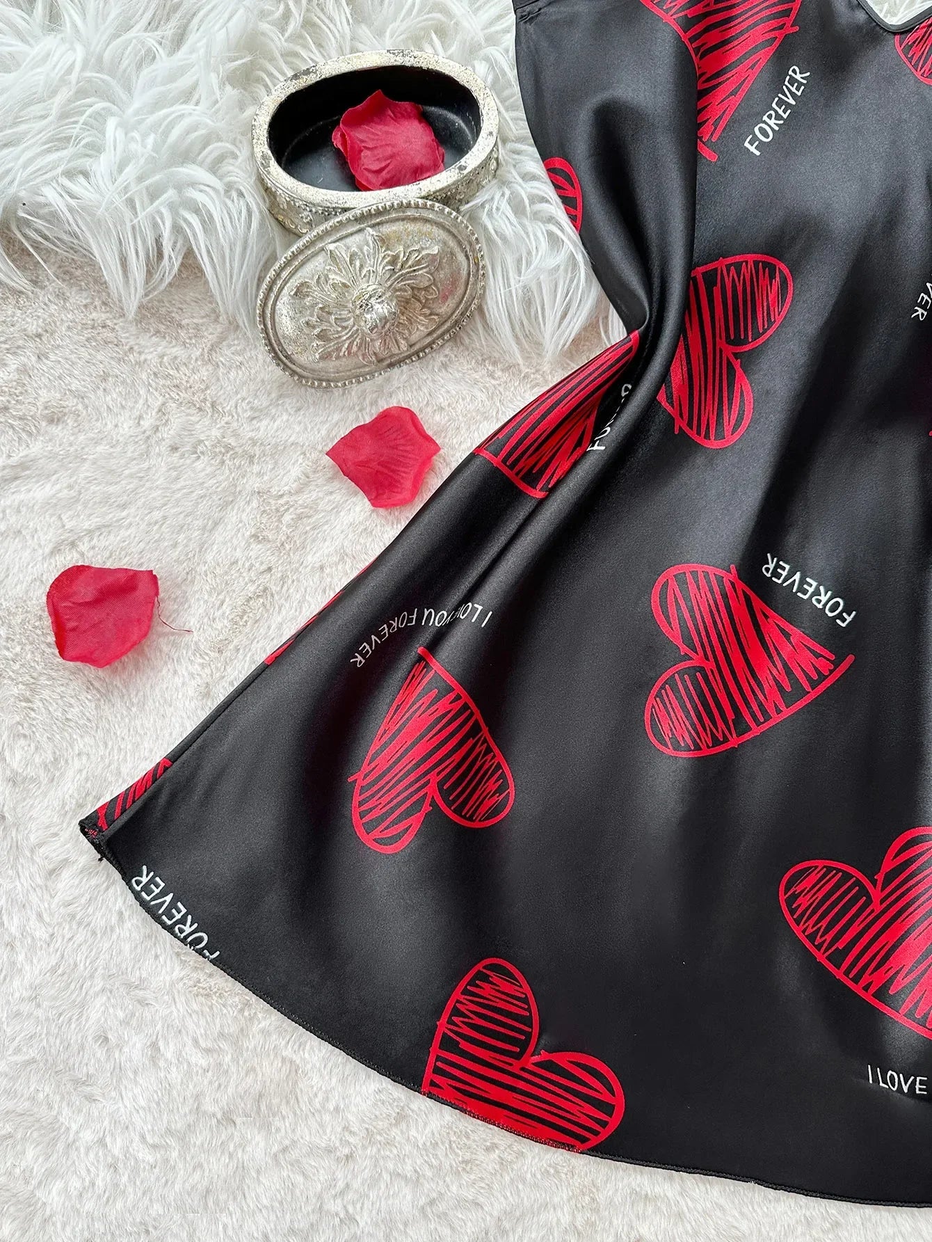 Valentine’s Red Lip Satin Slip Nightdress – Backless Mini Sleepwear