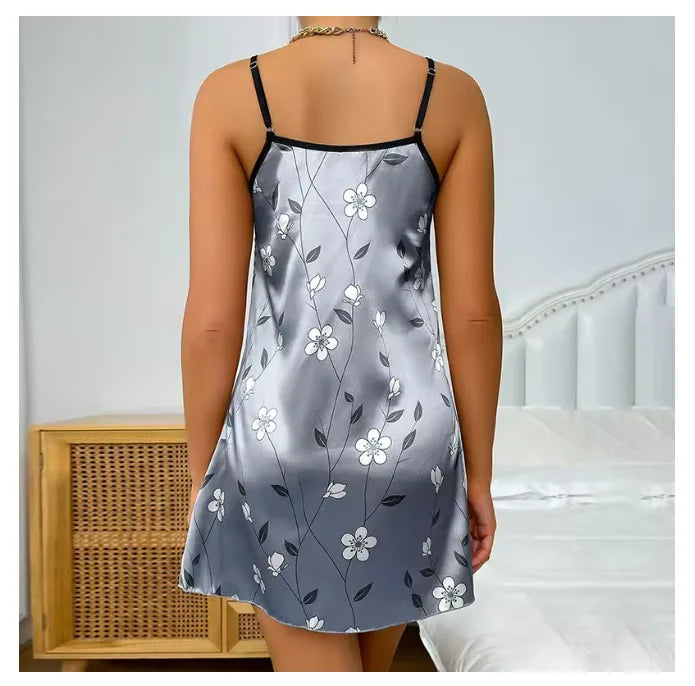 Floral Satin Nightgown – Sleeveless Backless Summer Slip Dress