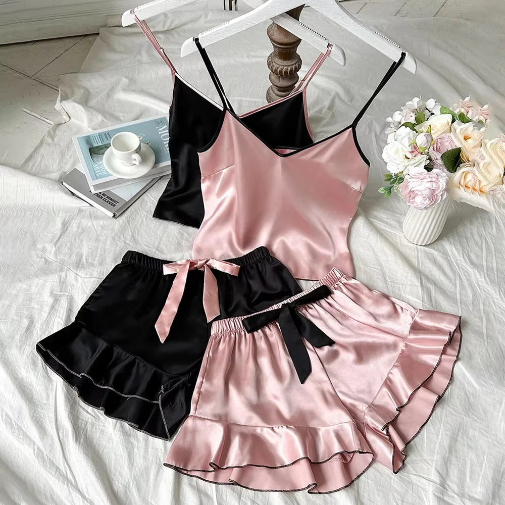 Women’s Satin Pyjama Set – 2-Piece Vest & Shorts Sleepwear