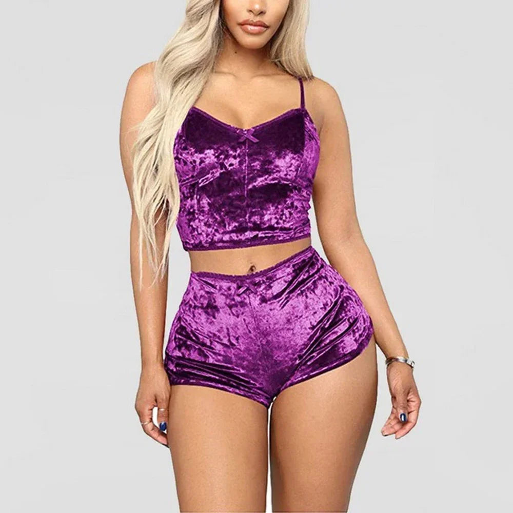 Women’s Velvet Pyjama Set – V-Neck Camisole & Shorts Sleepwear