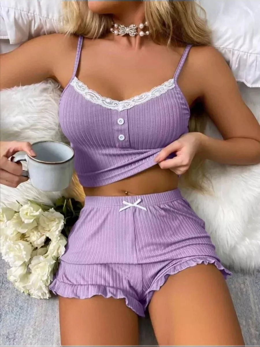 Summer Lace Pyjama Set – Button Top & Ruffle Shorts 2-Piece Sleepwear
