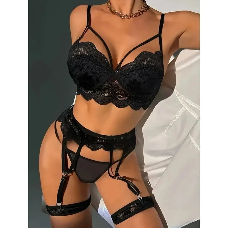 Fancy Lace 3-Piece Lingerie Set – Bra, Thong & Garter Bel