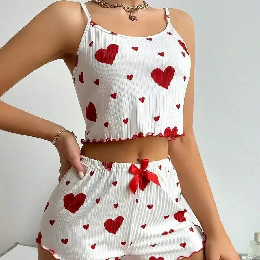 Heart Print Summer Pyjama Set – Relaxed Fit Cami Top & Shorts