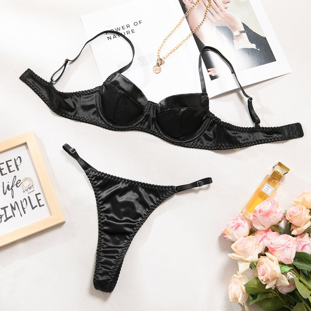 Satin Lingerie Set – Elegant Bra & Panty with Sheer Detailing