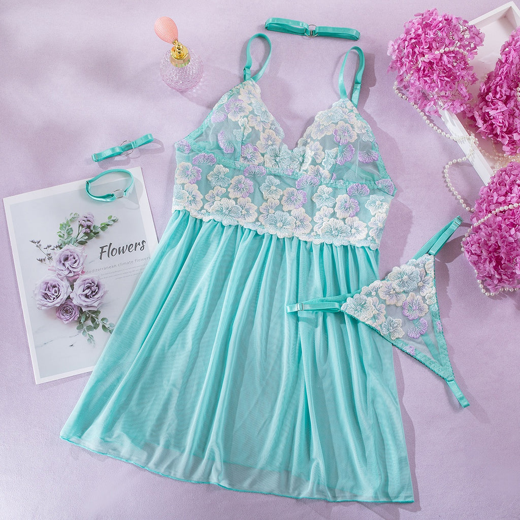 Embroidered Lace Lingerie Dress – Four-Piece Cute Girl Role Play Set