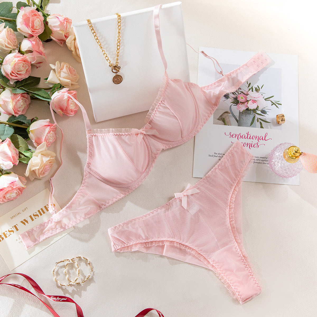 Sexy Mesh Hollow-Out Bra Set – Three-Piece Lingerie with Butterfly Knot