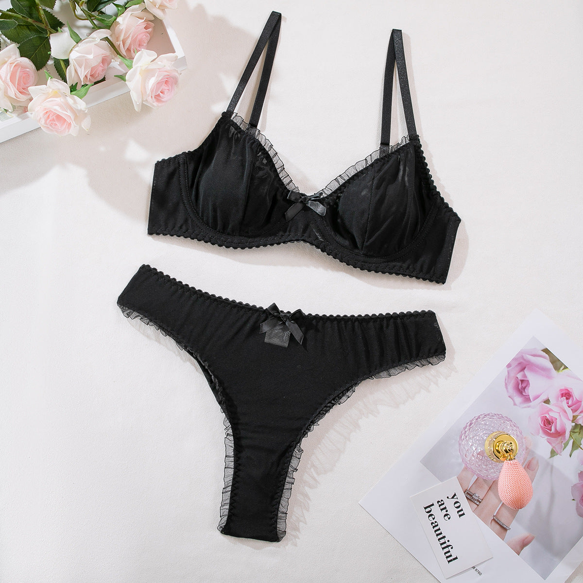 Sexy Mesh Hollow-Out Bra Set – Three-Piece Lingerie with Butterfly Knot