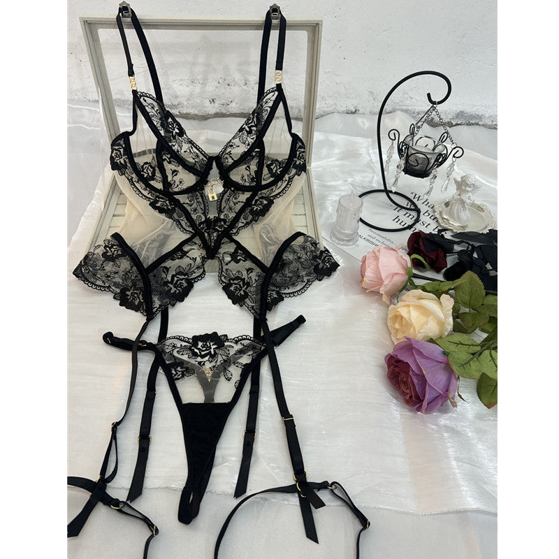 Sexy Mesh & Lace Lingerie Set – Bra, Panties & Garter Belt (3-Piece)