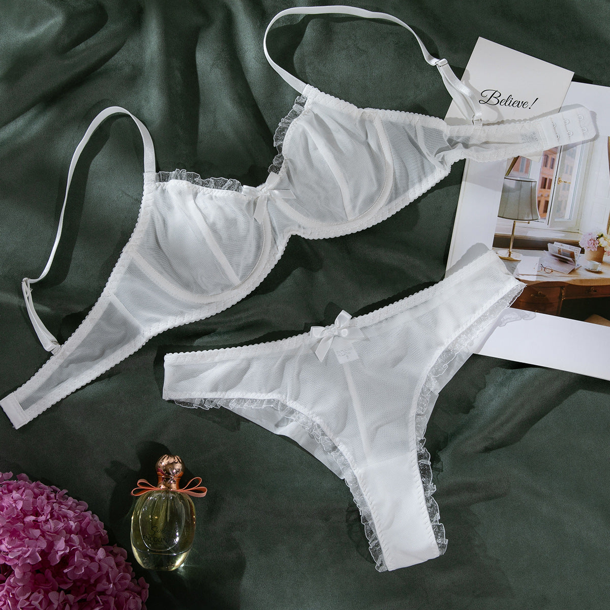 Sexy Mesh Hollow-Out Bra Set – Three-Piece Lingerie with Butterfly Knot