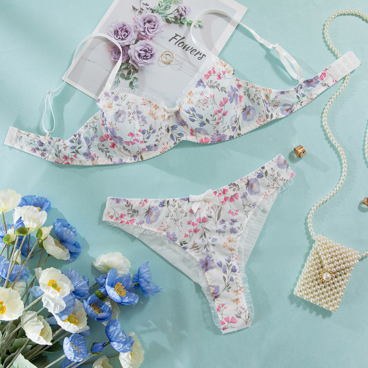 Sexy Mesh Hollow-Out Bra Set – Three-Piece Lingerie with Butterfly Knot