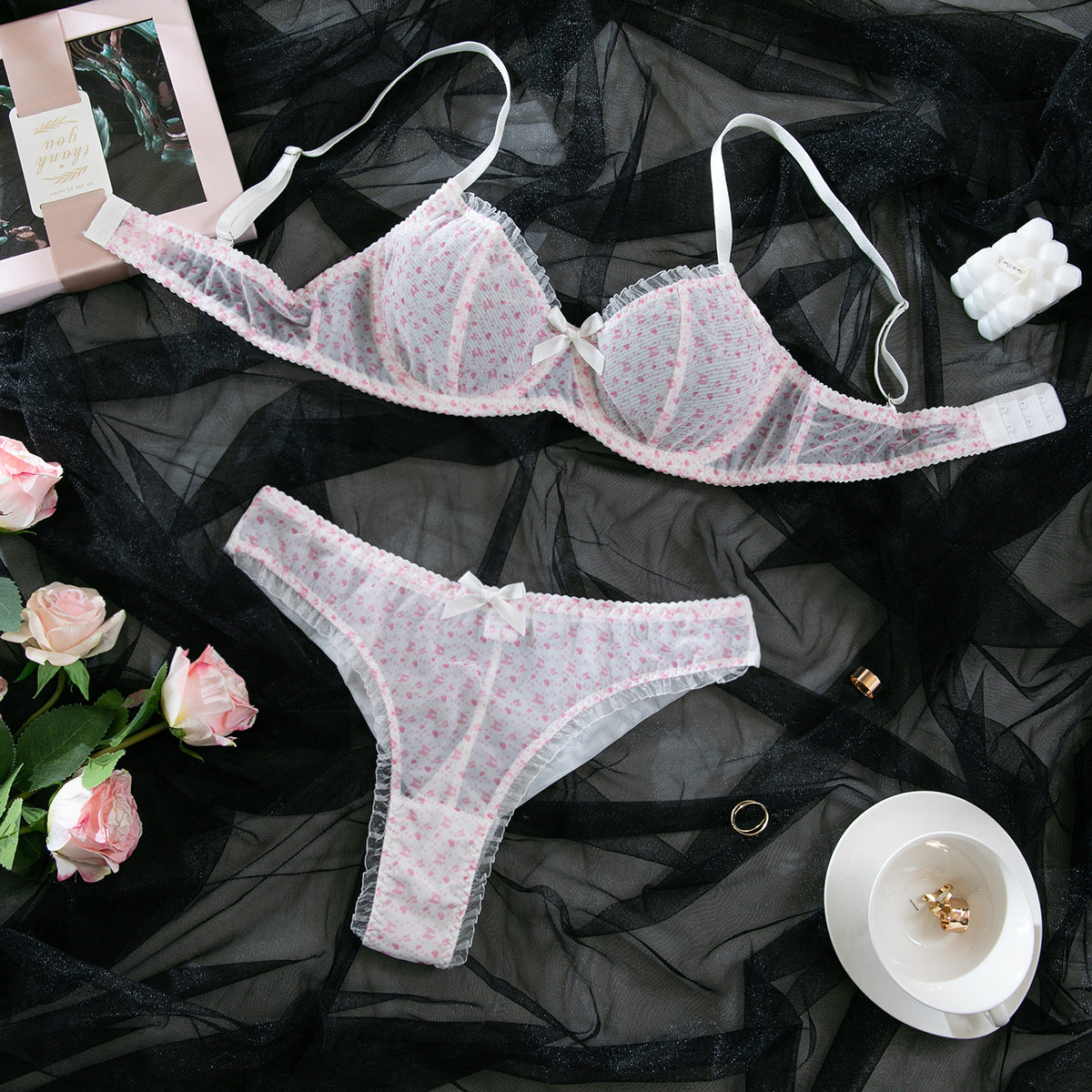 Sexy Mesh Hollow-Out Bra Set – Three-Piece Lingerie with Butterfly Knot
