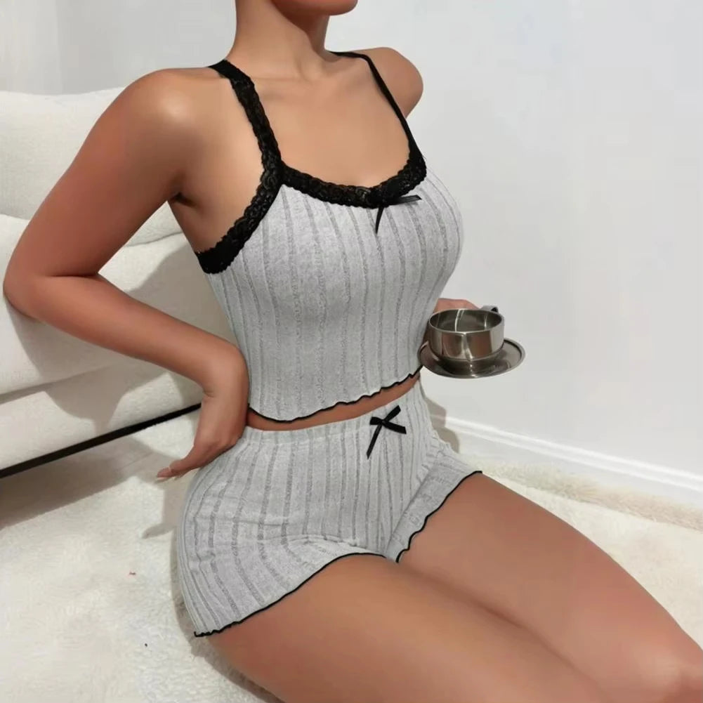 Bow Print Milk Silk Pyjama Set – Cami & Shorts