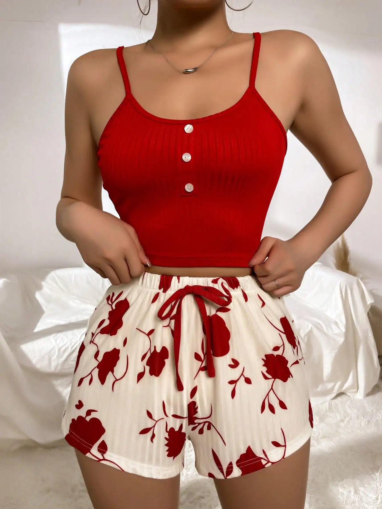Button-Detail Summer Pyjama Set – Women’s Cami Top & Shorts