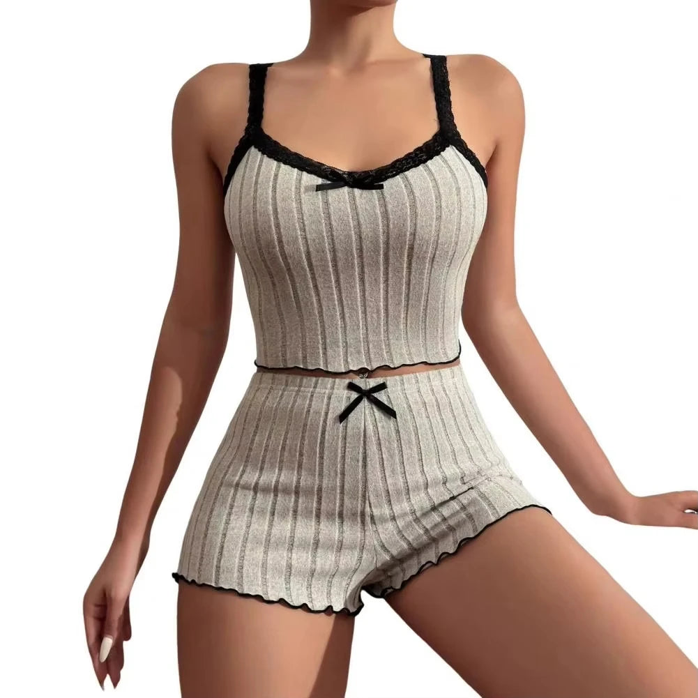 Bow Print Milk Silk Pyjama Set – Cami & Shorts
