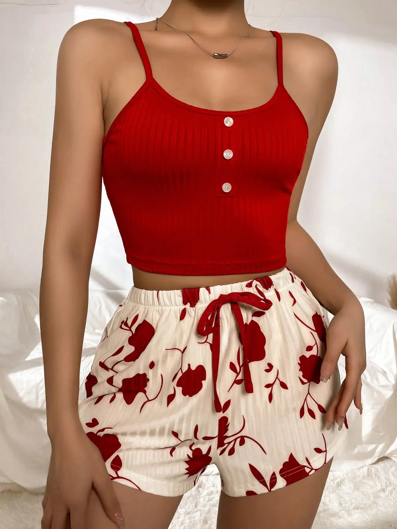 Button-Detail Summer Pyjama Set – Women’s Cami Top & Shorts