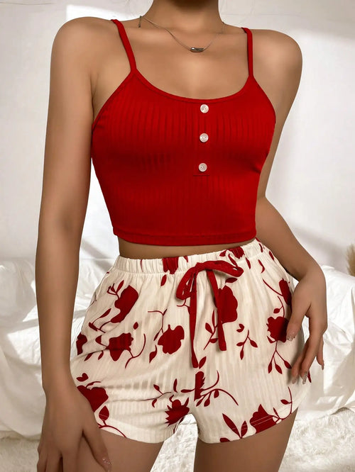 Button-Detail Summer Pyjama Set – Women’s Cami Top & Shorts