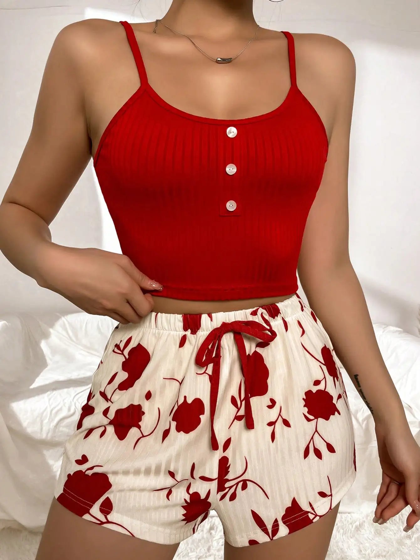 Button-Detail Summer Pyjama Set – Women’s Cami Top & Shorts